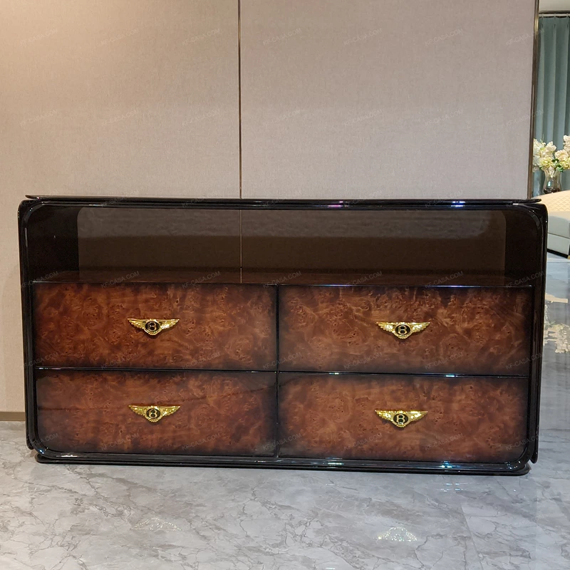 Italian Light Luxury Sideboard with High-Gloss Natural Wood Veneer Four Drawers Open Display Shelf and Gold Wing-Shaped Pulls